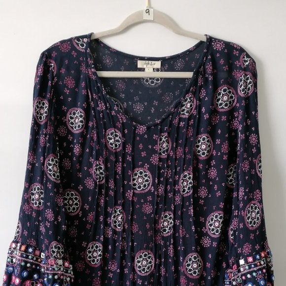 Style & Co Womens Blue Round Neck Bell Sleeve Embroidered Floral Blouse Size L - Picture 2 of 7
